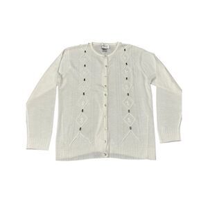 Jenny VTG White Beaded Embroidered Cardigan Sweater Size L Grandma Core Coquette